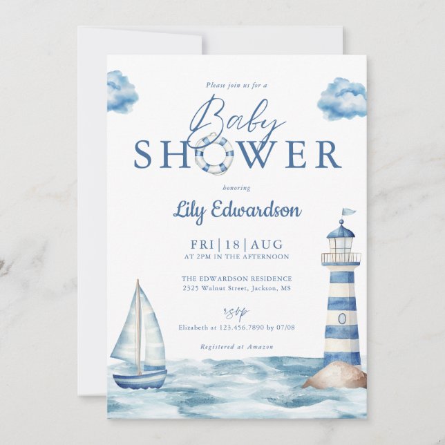 Invitation Baby shower Monogramme marin mignon (Devant)
