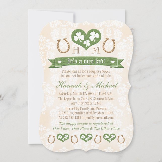 Invitation Baby shower Monogrammed Horseshoe Shamrock Couples (Devant)