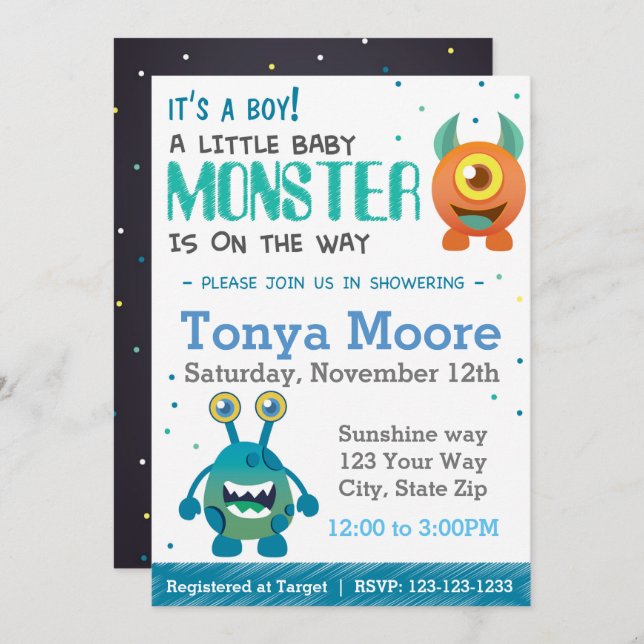 Invitation Baby shower Monster Boy (Devant / Derrière)