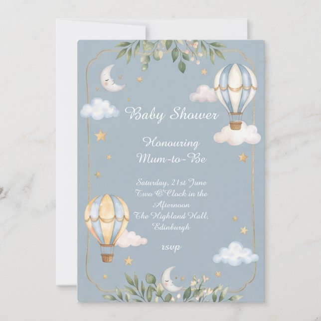 Invitation Baby Shower Montgolfière Bleue (Devant)