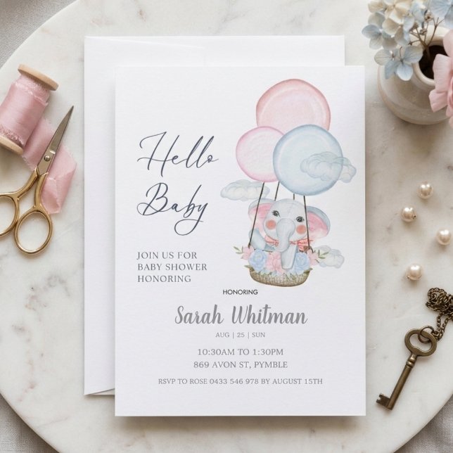 Invitation Baby Shower Montgolfière éléphant doux (Créateur téléchargé)