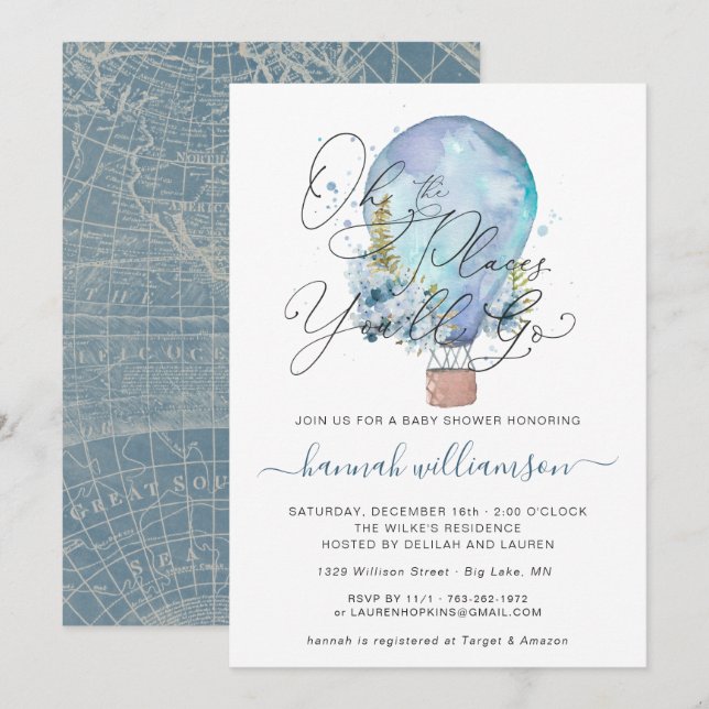 Invitation Baby Shower Montgolfière Fleurie Bleue (Devant / Derrière)