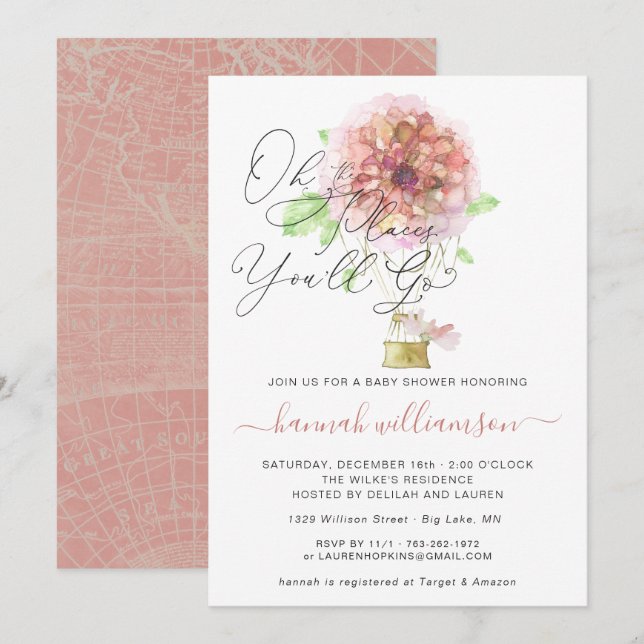 Invitation Baby Shower Montgolfière Fleurie Rose (Devant / Derrière)