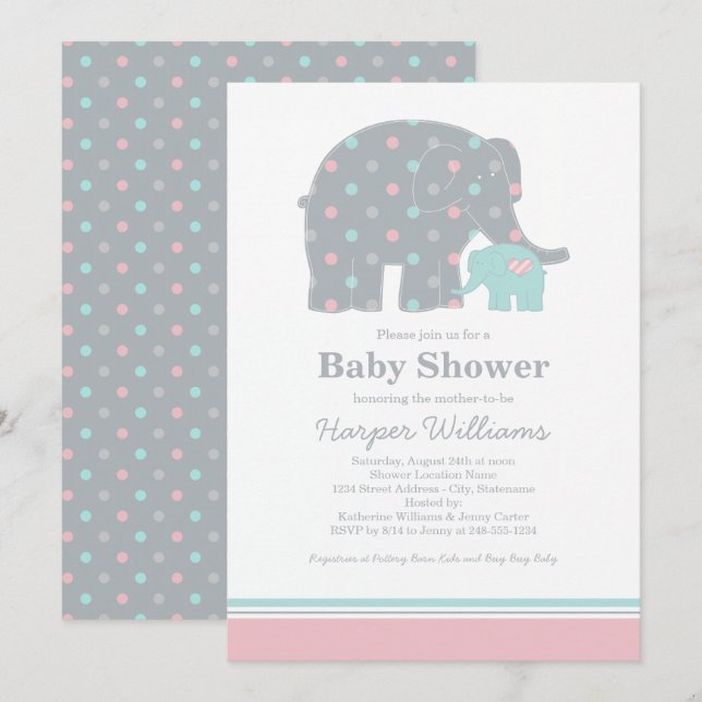 Invitation Baby shower Mother Elephant rose et points Aqua (Devant / Derrière)