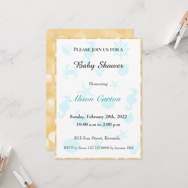 Invitation Baby shower motif bleu mer (Devant/Arrière en situation)
