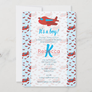 Invitation Baby shower Motif d'avion rouge bleu