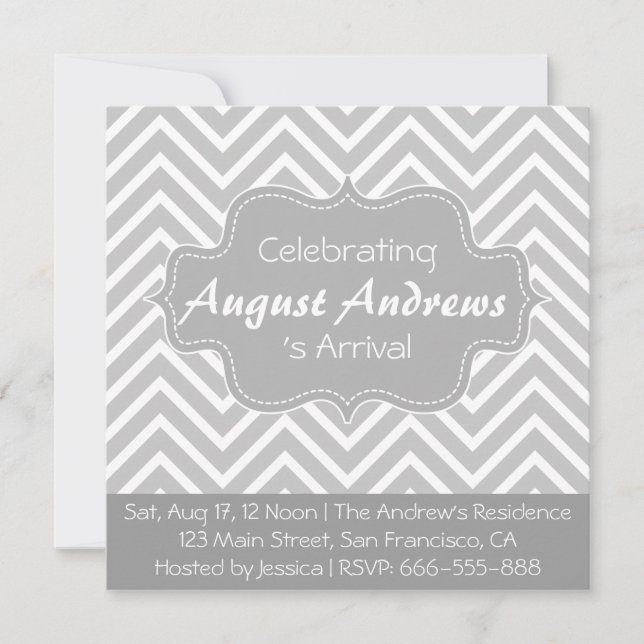 Invitation Baby shower: Motif de Grey et White Chevron (Devant)