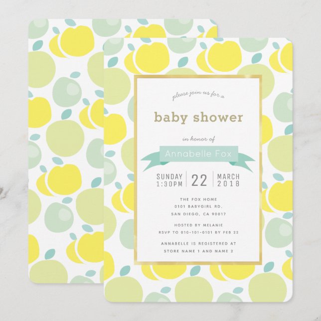 Invitation Baby shower Motif de pomme jaune vert (Devant / Derrière)