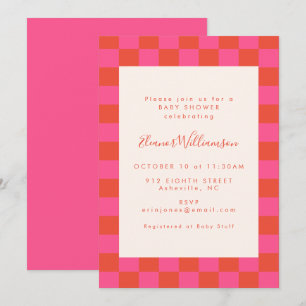 Invitation Baby shower Motif en damier orange gras