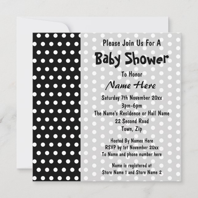 Invitation Baby shower, Motif Polka noir et blanc. (Devant)