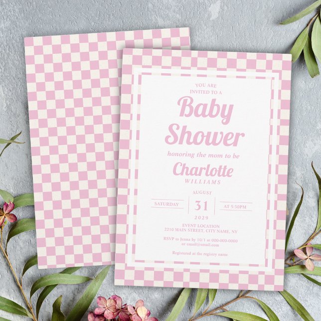 Invitation Baby shower Motif Retro Pink Pastel Check (Retro Pink Pastel Check Pattern Girl Baby Shower Invitation
)
