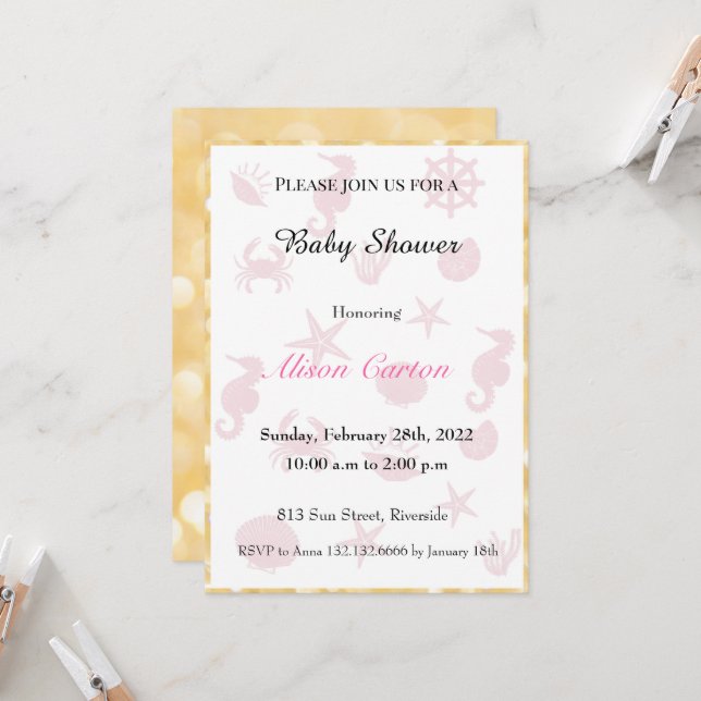 Invitation Baby shower motif rose (Devant/Arrière en situation)