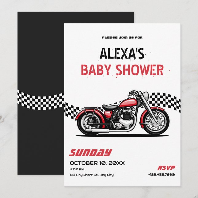 Invitation Baby shower moto classique (Devant / Derrière)