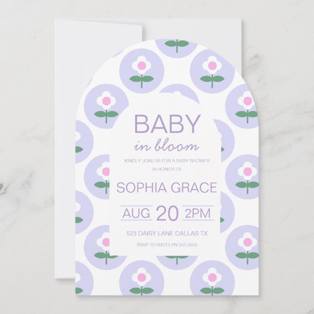 Invitation Baby shower mou violet rose pâle Fleur marguerite (Devant)