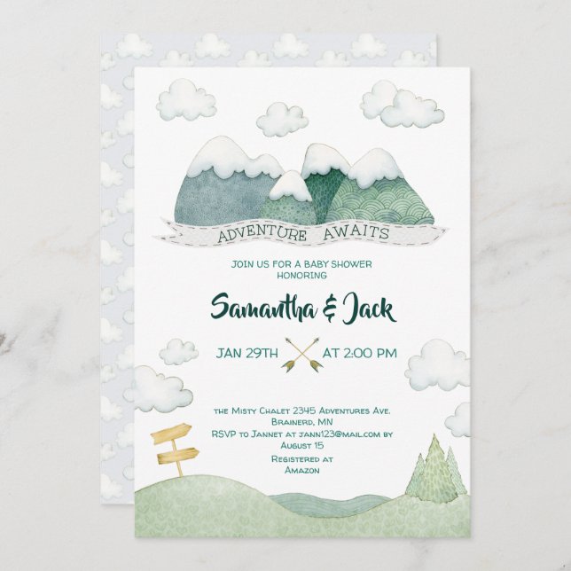 Invitation Baby shower Mountain Adventures (Devant / Derrière)