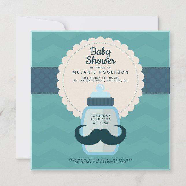 Invitation Baby Shower Moustache Pointillé Sarcelle (Devant)