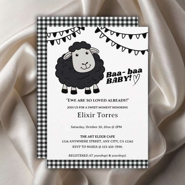 Invitation Baby Shower Moutonnet Kawaii Noir (Créateur téléchargé)