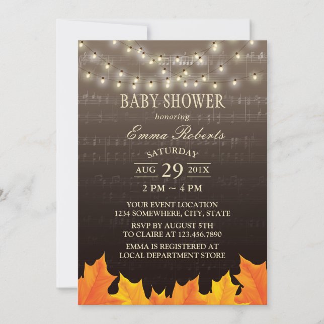 Invitation Baby shower Musique Feuilles Automne Lumières de c (Devant)