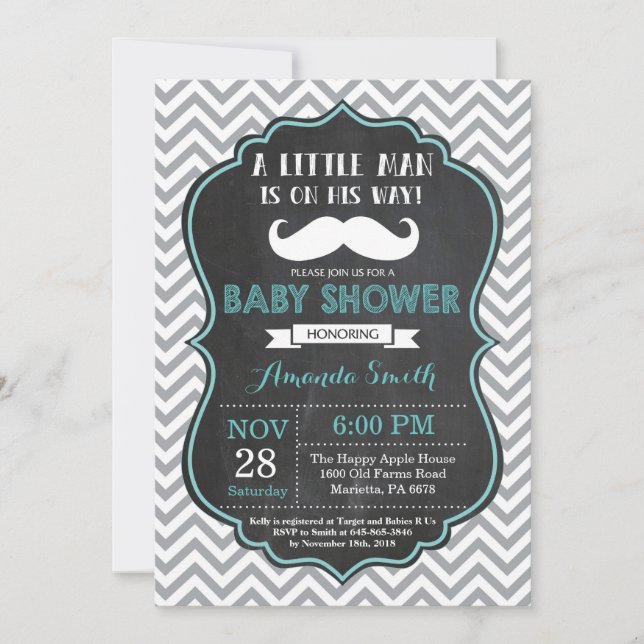 Invitation Baby shower Mustache Aqua et Grey (Devant)