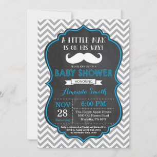 Invitation Baby shower Mustache bleu et gris