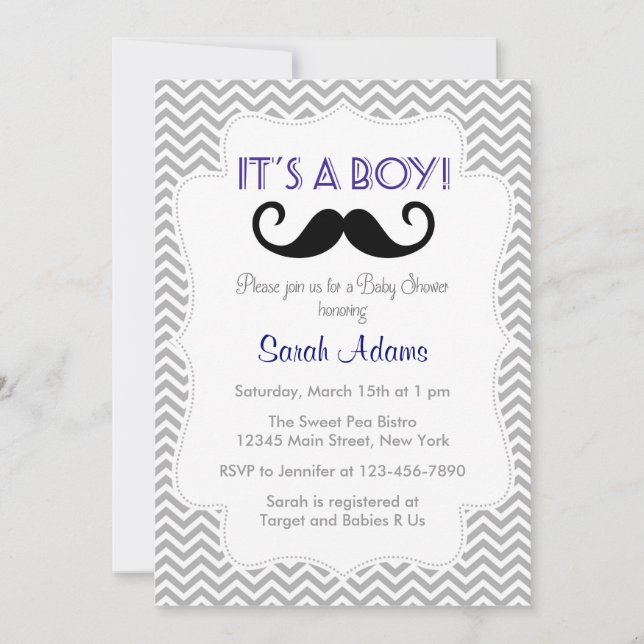 Invitation Baby shower Mustache Gray Chevron (Devant)