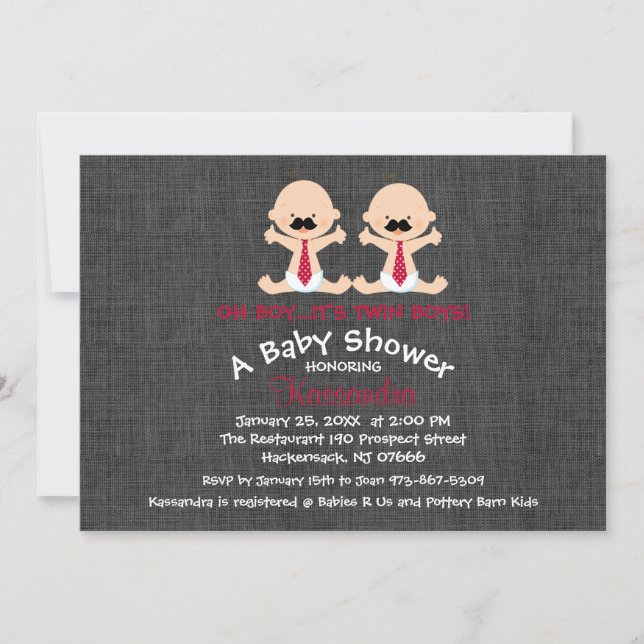 Invitation Baby shower Mustache Twin Boy (Devant)
