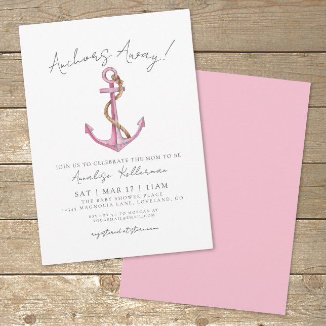 Invitation Baby Shower Naautique Ancre Rose (Pink Anchor Nautical Baby Shower Invitation)