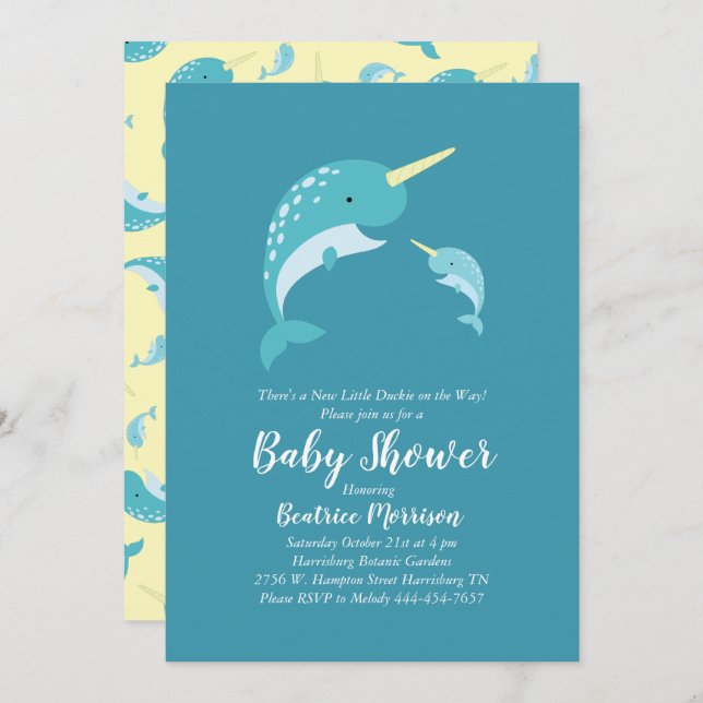 Invitation Baby shower Narwhal Jaune Genre Baleine Neutre (Devant / Derrière)