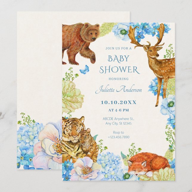 Invitation Baby shower nature fleuri safari forêt mère (Devant / Derrière)