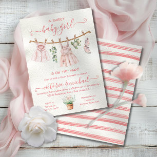 Invitation Baby shower naturel Boho rose Fille Clothesline