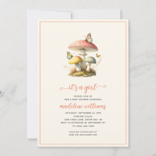 Invitation Baby shower naturel des champignons papillons