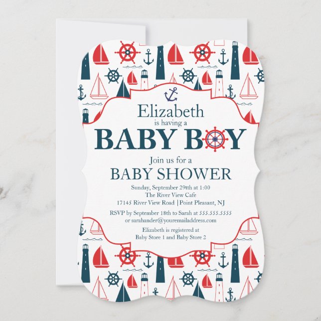 Invitation Baby shower Nautical Lighthouse Sailboat Boys (Devant)
