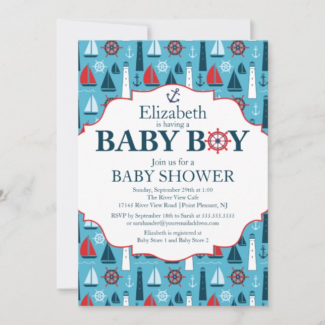 Invitation Baby shower Nautical Lighthouse Sailboat Boys (Devant)