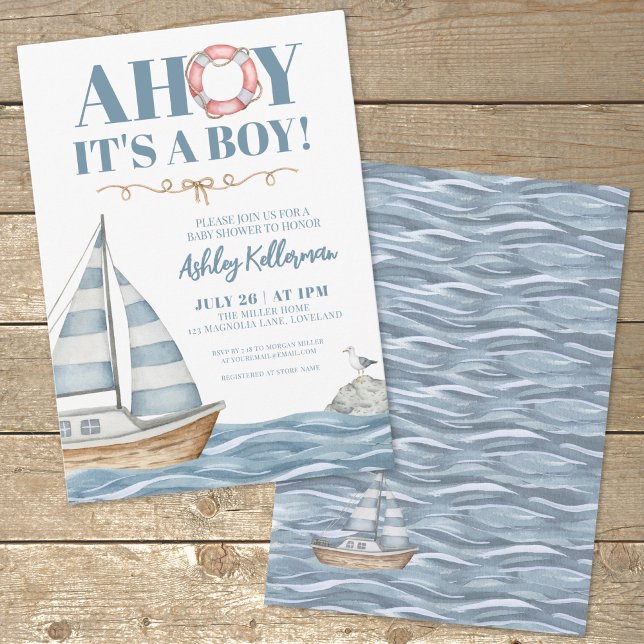 Invitation Baby shower Nautical Ocean Boy (Sailboat AHOY It's A Boy Baby Shower Invitation )
