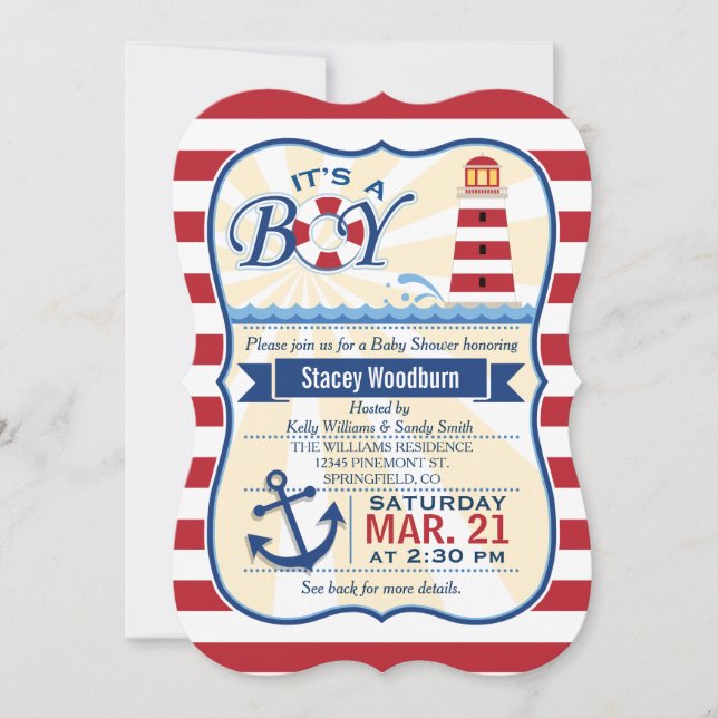 Invitation Baby shower Nautical Red & White Lighthouse Boy (Devant)