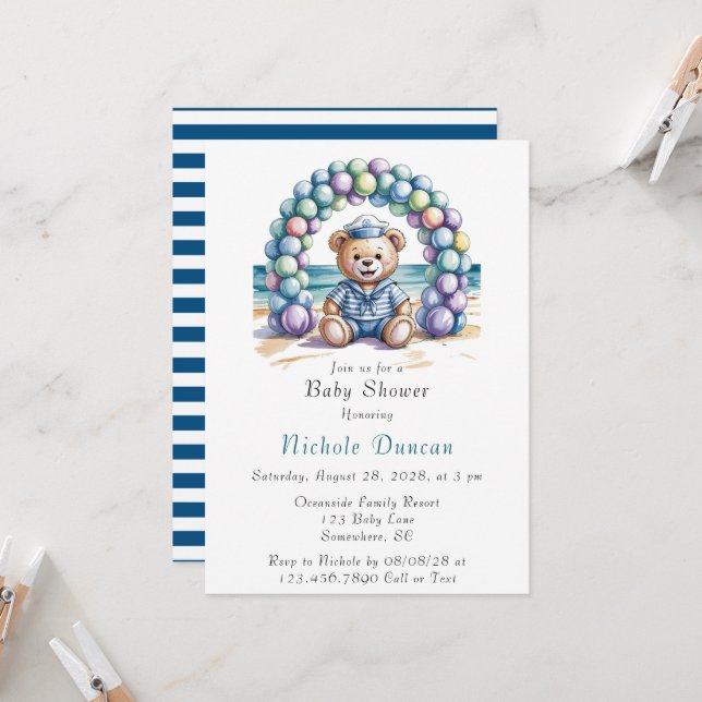Invitation Baby shower Nautical Teddy Bear Beach Boy (Devant/Arrière en situation)