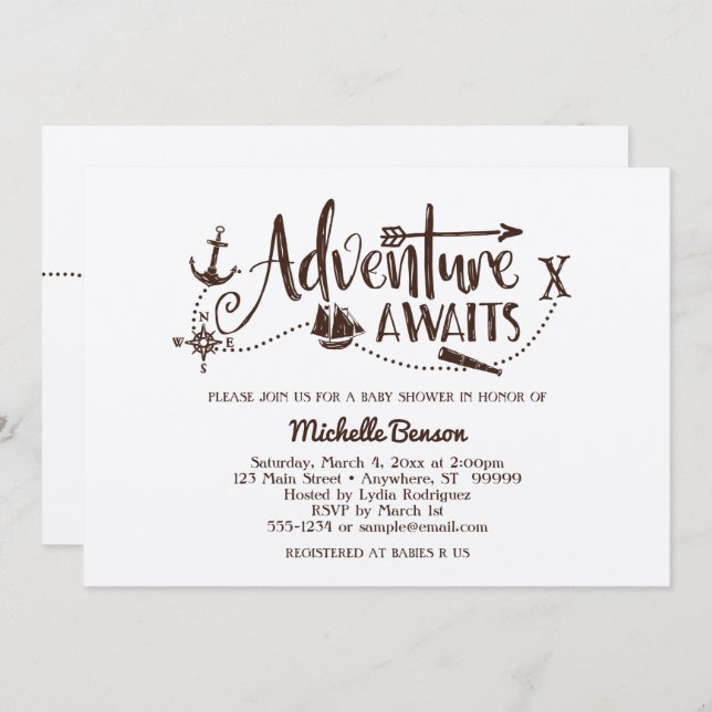 Invitation Baby shower nautique "Adventure Await" (Devant / Derrière)