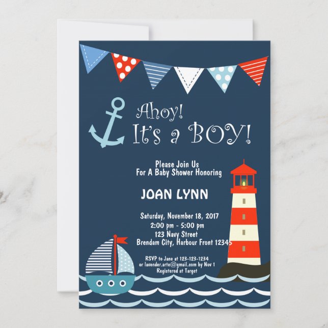 Invitation Baby shower nautique, Ahoy C'est un gar (Devant)