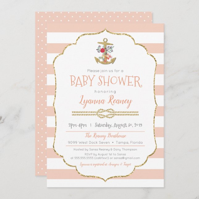 Invitation Baby shower nautique avec Ancre florale (Devant / Derrière)
