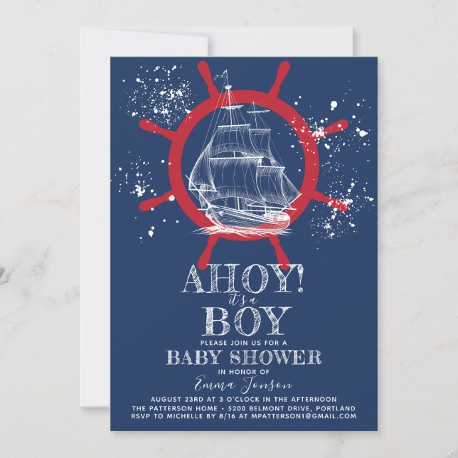 Invitation Baby shower nautique bleu (Devant)