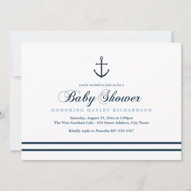 Invitation Baby shower nautique bleu et blanc (Devant)