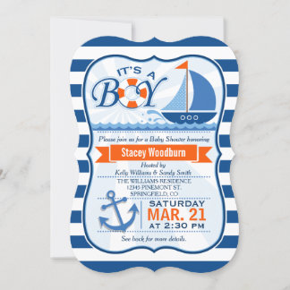 Invitation Baby shower nautique bleu et orange