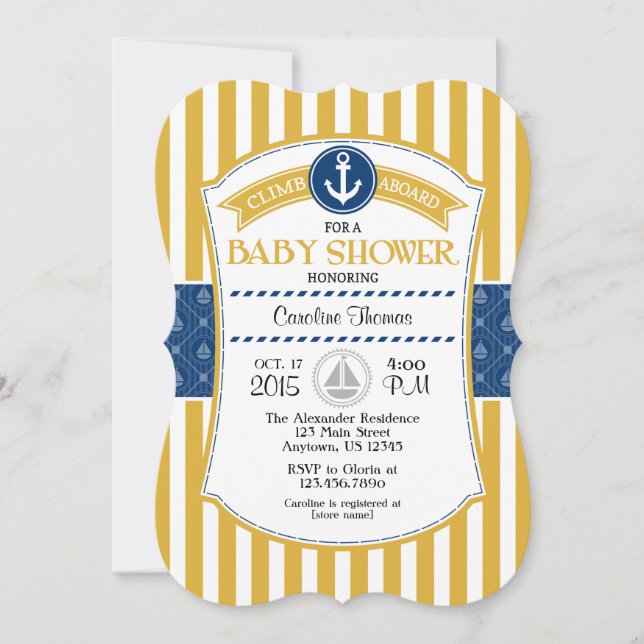 Invitation Baby shower Nautique Bleu Or (Devant)