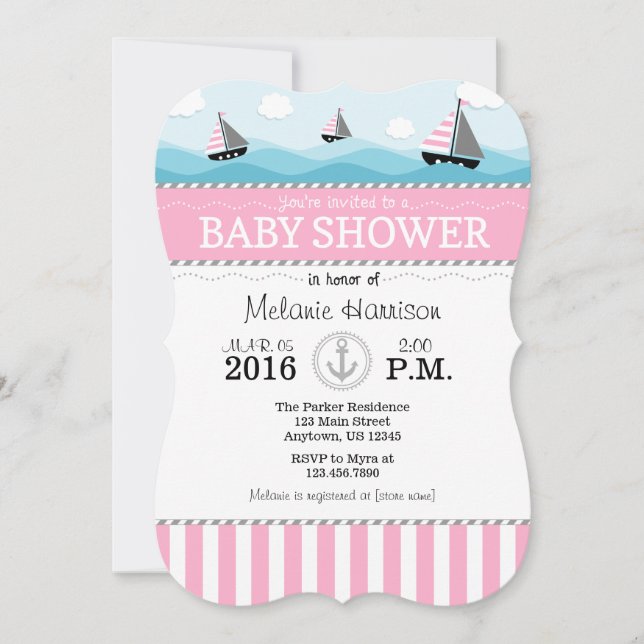 Invitation Baby shower Nautique bleu rose (Devant)