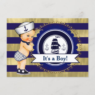 Invitation Baby shower nautique Blue et Gold Sailor