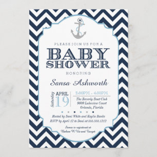 Invitation Baby shower nautique, Chevron bleu garç