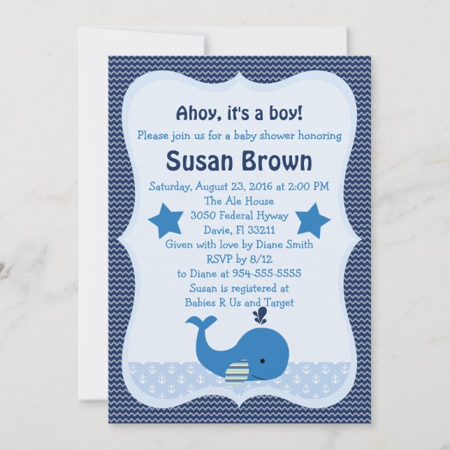Invitation Baby shower nautique de la baleine mign (Devant)