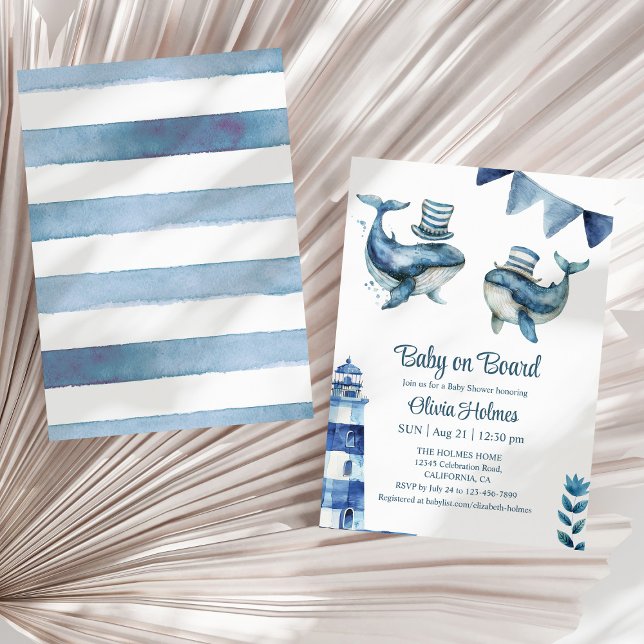 Invitation baby shower nautique de la Marine ("Baby on Board" Navy Nautical Baby Shower Invitation on a sunny neutral dry palm leaf.)