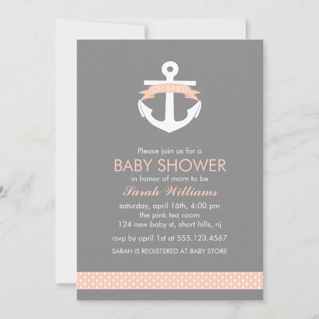 Invitation Baby shower nautique de thème d'Ancre de corail (Devant)