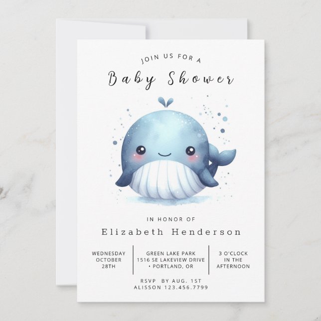 Invitation Baby shower nautique en ligne baleines (Devant)